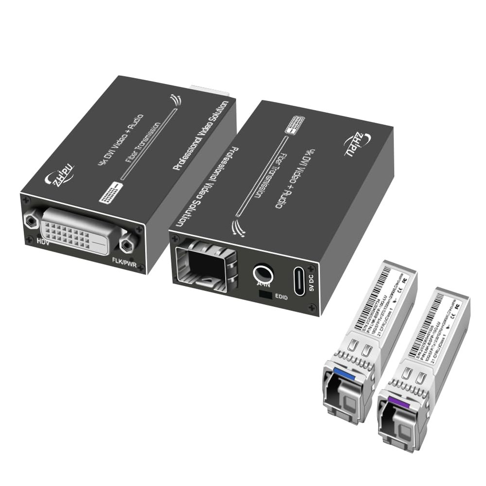 Zhpuostd 4K DVI Over Fiber Extender Kit with 10G SFP+ Modules, Mini Transceiver Supports Dolby/DTS Audio & 3D Video, Up to 20km Transmission, Plug & Play Installation, a Pair