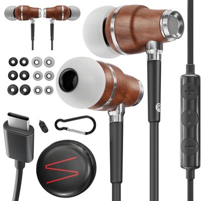 Symphonized iPhone Earphones Wired Deep Bass Sound, 3D Sound, Microphone Volume Control, 90% Noise Cancelling, Bubinga Wooden Type C Devices, iPhone 15 to 17 & Android (USB C) Earbuds (Jet Black)