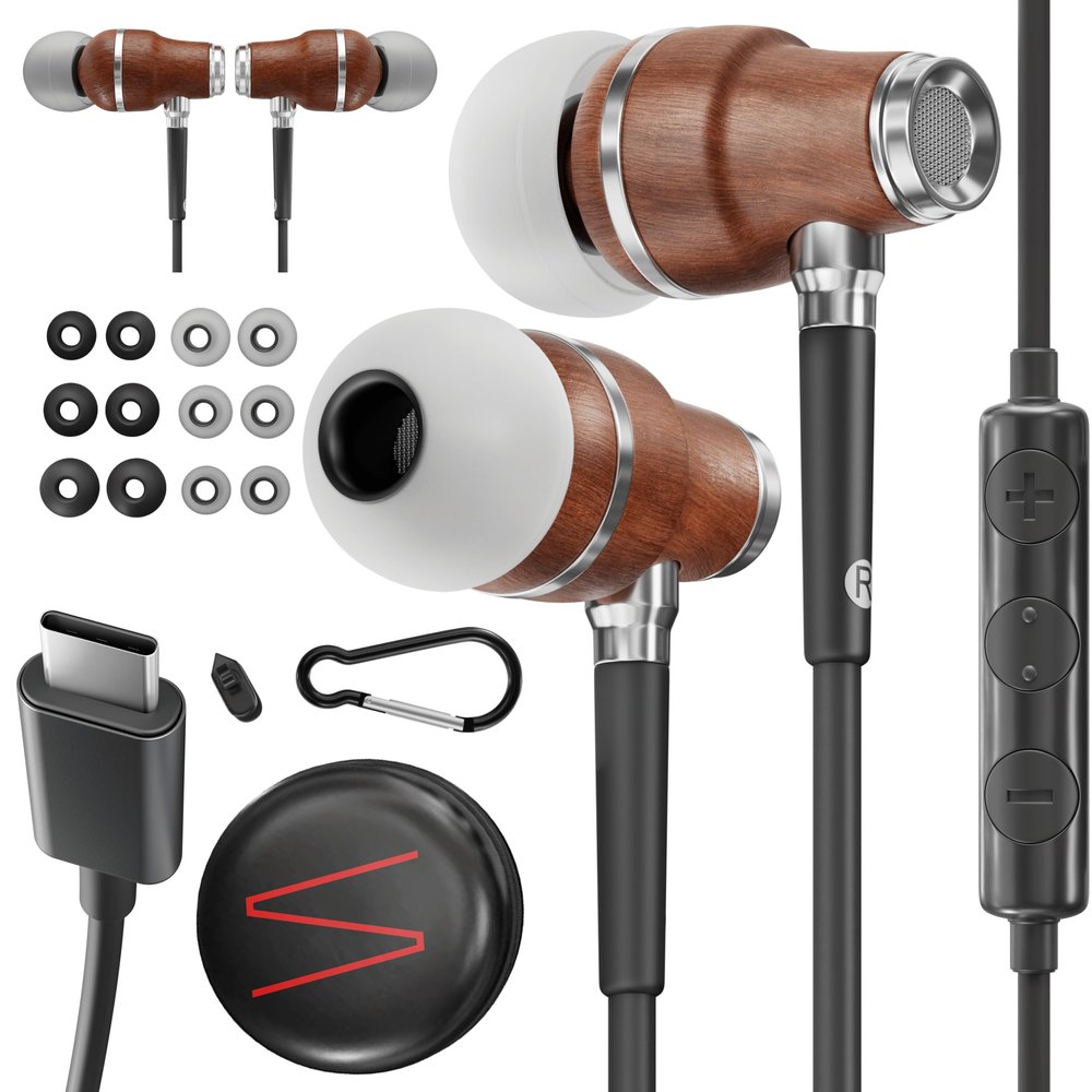 Symphonized iPhone Earphones Wired Deep Bass Sound, 3D Sound, Microphone Volume Control, 90% Noise Cancelling, Bubinga Wooden Type C Devices, iPhone 15 to 17 & Android (USB C) Earbuds (Jet Black)