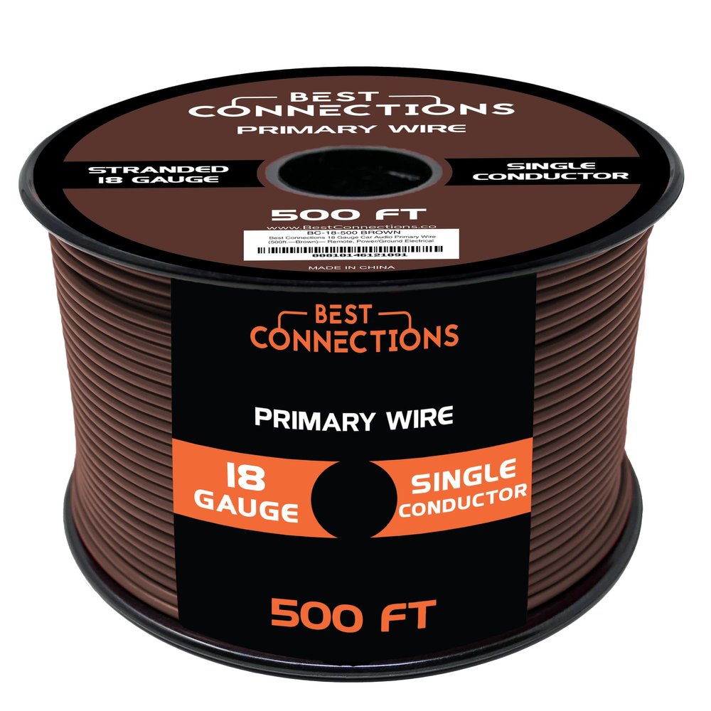 BEST CONNECTIONS Automotive Primary Wire - 500ft (Various Color Options) | Ideal for Trailer, Speaker, and Lighting Circuits | Durable Primary/Remote, Power/Ground Electrical Wiring (Brown, 18 Gauge)