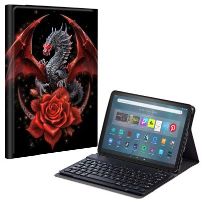 EDGFRTOIO Keyboard Case for Kindle Fire Max 11 (13th Generation, 2023 Release), PU Leather Keyboard Cover with Detachable Wireless Bluetooth Keyboard, Auto Wake/Sleep, Diamond Dragon Rose