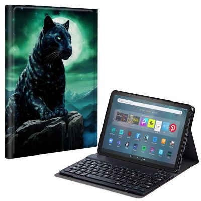 EDGFRTOIO Keyboard Case for Kindle Fire Max 11 (13th Generation, 2023 Release), PU Leather Keyboard Cover with Detachable Wireless Bluetooth Keyboard, Auto Wake/Sleep, Black Panther Moon Night