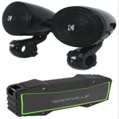 Audiosavings Bundle: (2) Kicker 47PSMB32 3" 100w PSM Motorcycle/ATV Handlebar Speakers in Black PSMB32 Bundle with Rockville Rock Everywhere Portable Bluetooth Speaker/Waterproof Link (2 Items)