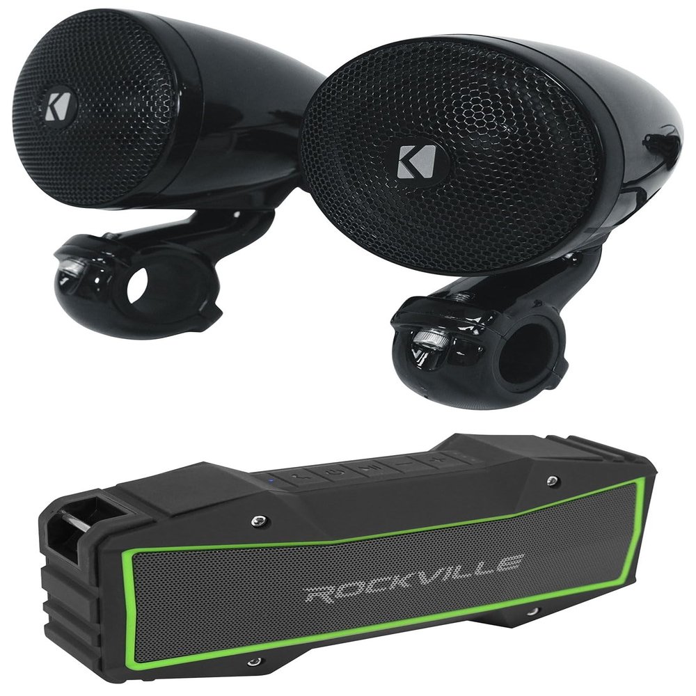 Audiosavings Bundle: (2) Kicker 47PSMB32 3" 100w PSM Motorcycle/ATV Handlebar Speakers in Black PSMB32 Bundle with Rockville Rock Everywhere Portable Bluetooth Speaker/Waterproof Link (2 Items)