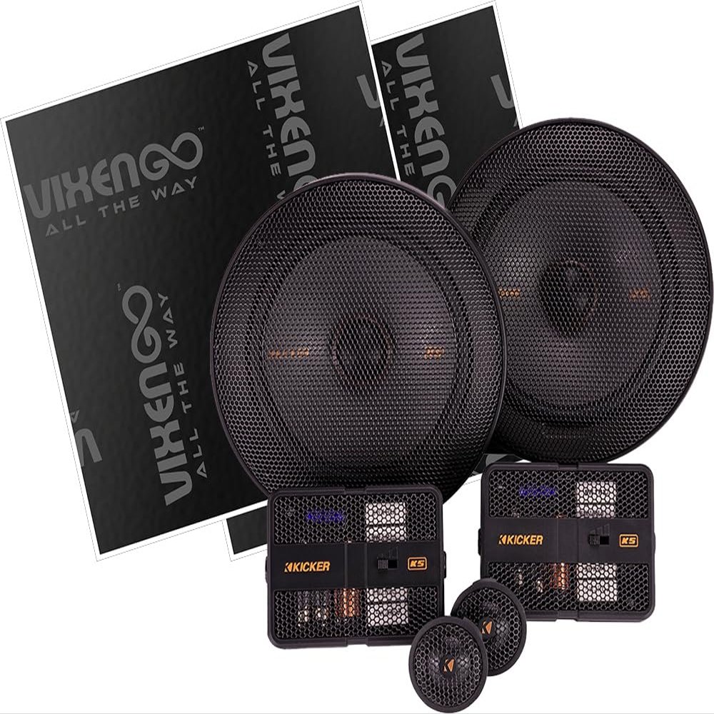 KICKER 6.75" KS Component Speaker System with Vixen Go Sound Deadener for Cars 80 mil, Butyl Rubber Deadening Material (2 Sheets, 1.3 sq ft Total)