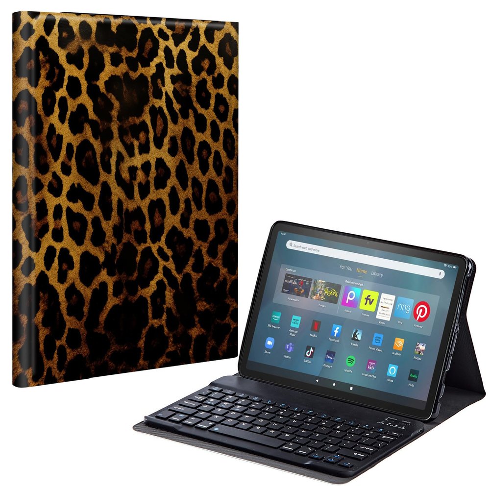 EDGFRTOIO Keyboard Case for Kindle Fire HD 10&10 Plus 2021/2023 10.1" - Slim Keyboard Cover Folio Stand Case Detachable Wireless Keyboard for Fire HD 10 Plus (11th Gen), Leopard Skin