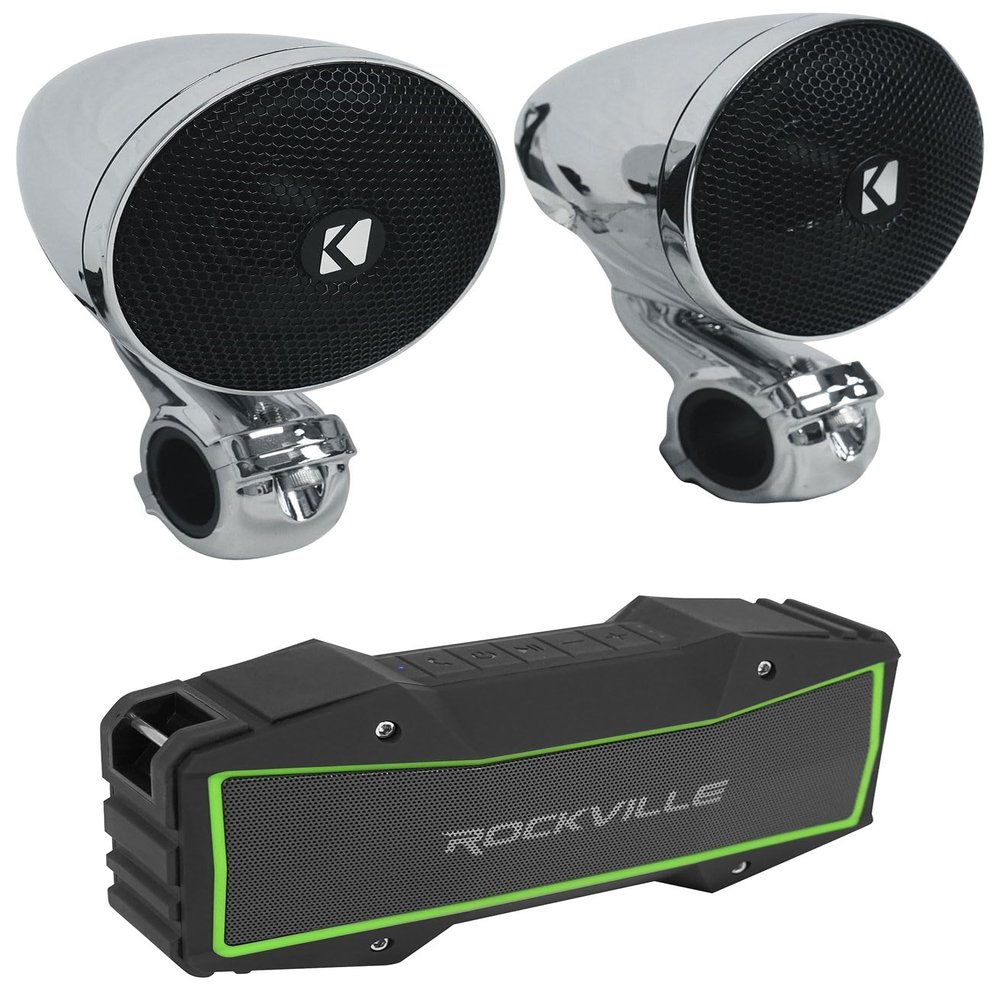Audiosavings Bundle: (2) Kicker 47PSM34 3" 100w PSM Motorcycle/ATV Handlebar Speakers in Chrome PSM34 Bundle with Rockville Rock Everywhere Portable Bluetooth Speaker/Wireless Link (2 Items)