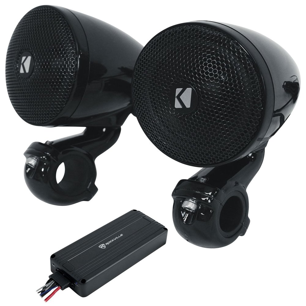Audiosavings Bundle: (2) Kicker 47PSMB32 3" 100w PSM Motorcycle/ATV Handlebar Speakers in Black PSMB32 Bundle with Rockville ATV220 2 Channel UTV/Motorcycle Bluetooth Amplifier IP65 Micro (2 Items)