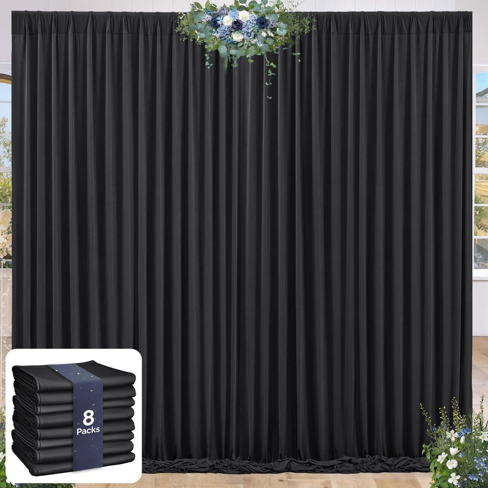 32 x 10ft Black Backdrop Curtains for Party Photo Background Curtains (10'L x 4'W Each, 8 Panels) with Rod Pocket, Wrinkle-Free Polyester Backdrop Drapes for Birthday Prom Bachelorette RIP Events