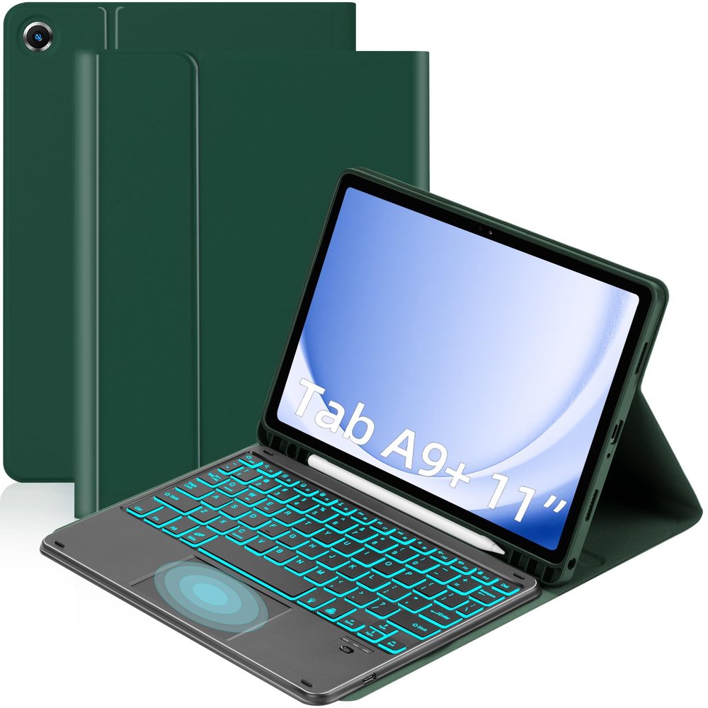 EAMPANG Case with Trackpad Keyboard for Samsung Galaxy Tab A9 Plus 11inch (SM-X210/X215/X216/X218),Smart Touchpad 7 Color Backlit Removable Keyboard Magnetic Case Tablet A9+ 5G DarkGreen