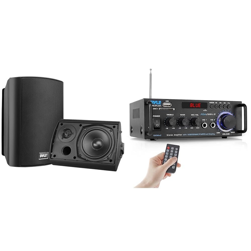 Pyle Waterproof Wall Mount Speaker System - 5.25 Inch Active + Passive Pair Wireless Bluetooth & Stereo Power Amplifier 200 W Peak w/Bluetooth Wireless, LED Display