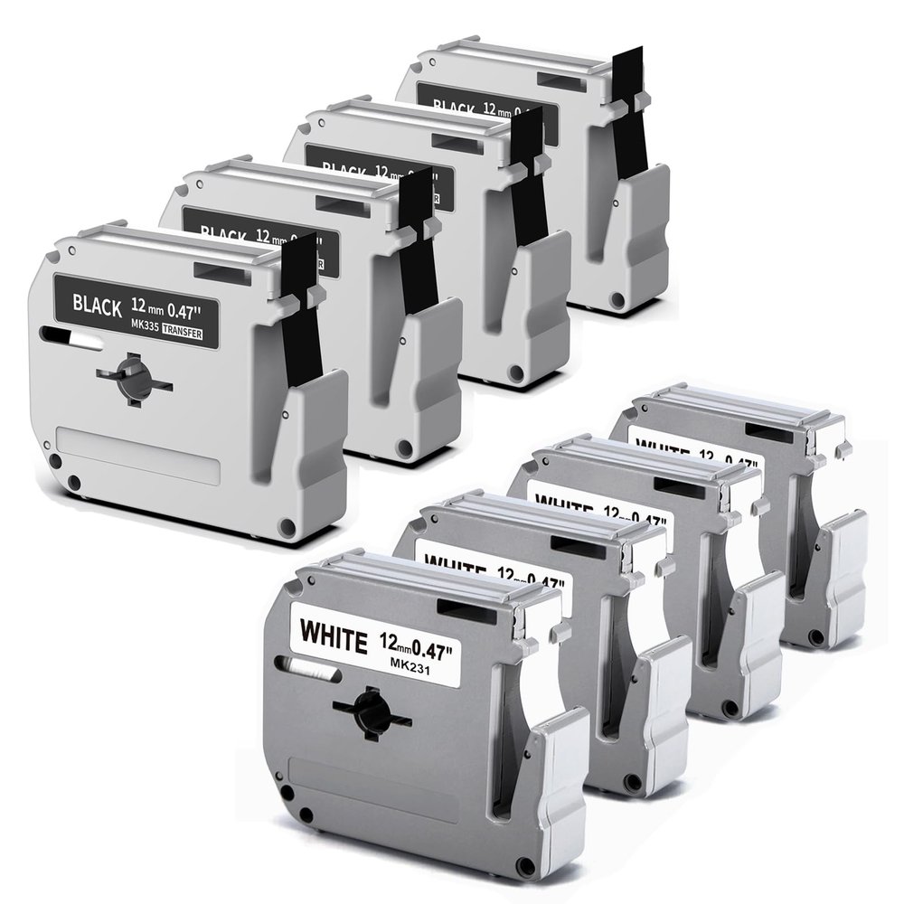 4 Black + 4 White Compatible with Brother M Tape 12mm 0.47'' 1/2'' M-K231 M-K335 Label Tape for Brother Ptouch PTM95 PT-65 PT-70 PT-70bm PT-45 Label Maker Tape Refills, 8 Packs