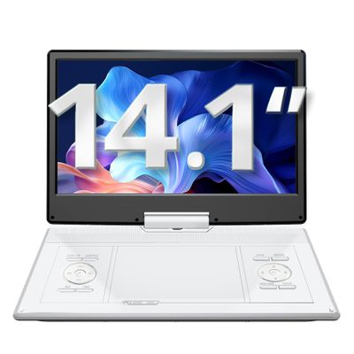 YOTON 16.9" Portable DVD Player, 4-6 Hours Rechargeable Built-in Battery, 14.1" HD Swivel Screen, Dual Stereo Speakers, USB/SD/AV/Audio/Gamepad Support -White [Not Support Blu-Ray]