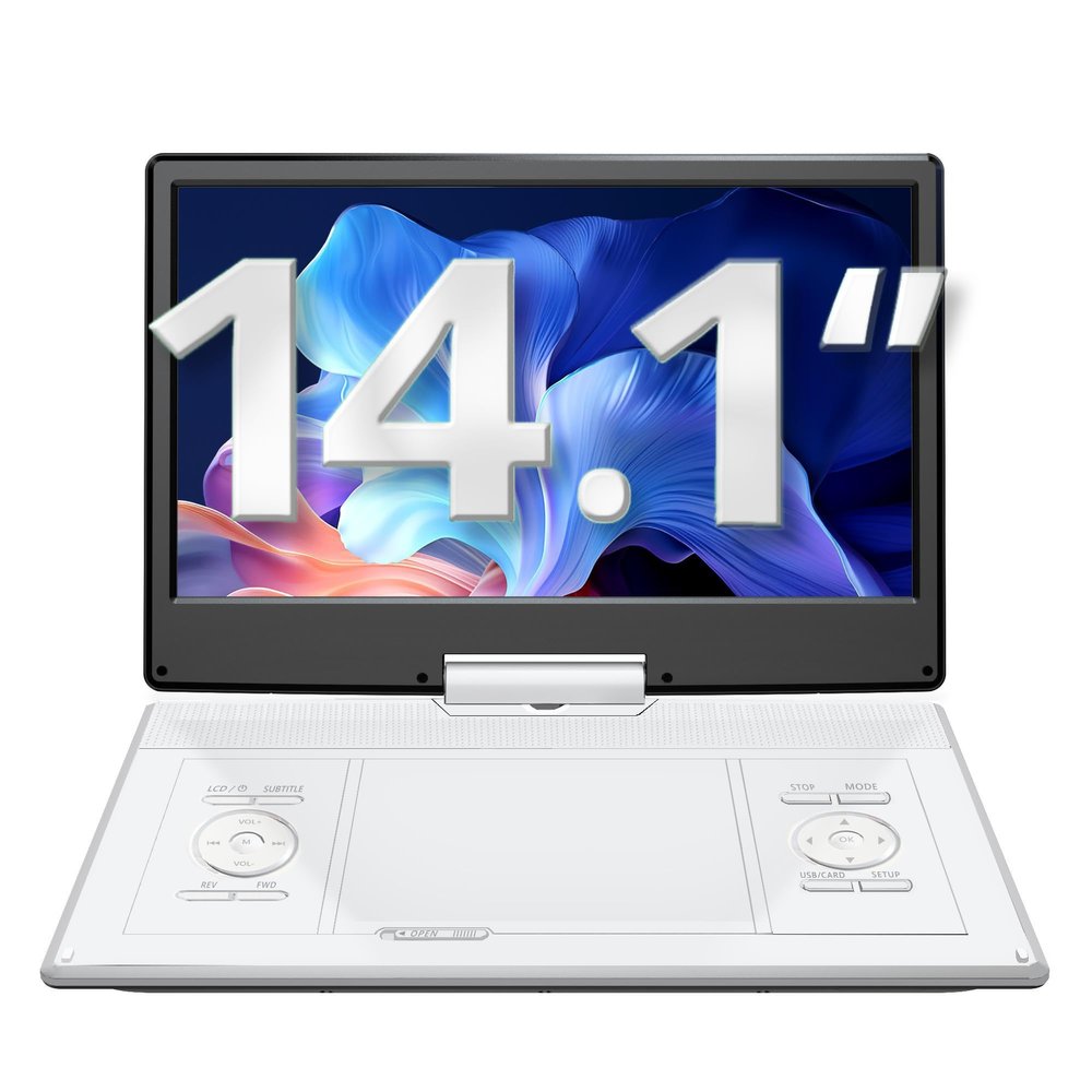 YOTON 16.9" Portable DVD Player, 4-6 Hours Rechargeable Built-in Battery, 14.1" HD Swivel Screen, Dual Stereo Speakers, USB/SD/AV/Audio/Gamepad Support -White [Not Support Blu-Ray]