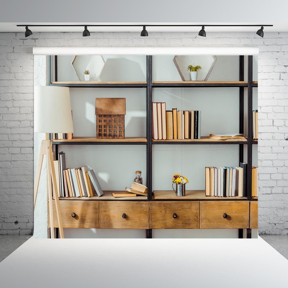 BELECO 7x5ft Fabric Living Room Bookshelf Backdrop Empty Room with Bookcase, Zoom Calls Video Recording Background Home Office Decor Zoom Meetings Photo Studio Props