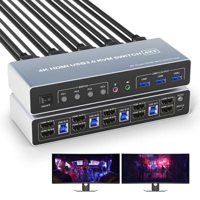 USB 3.0 HDMI KVM Switch for 4 Computers and 2 Monitors - 4K@60Hz 4 Port Dual Monitor Support With EDID, Audio Microphone Output, and 3 USB 3.0 Ports