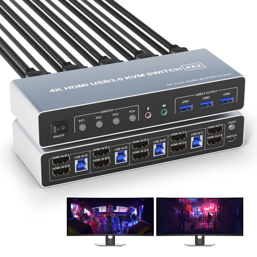 USB 3.0 HDMI KVM Switch for 4 Computers and 2 Monitors - 4K@60Hz 4 Port Dual Monitor Support With EDID, Audio Microphone Output, and 3 USB 3.0 Ports