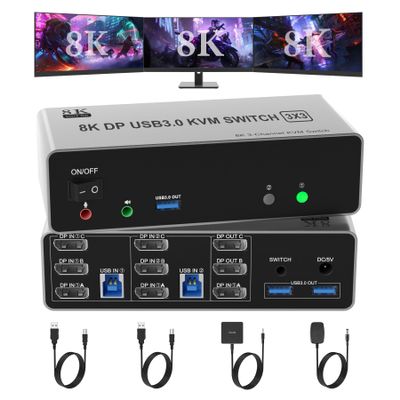 8K@60Hz KVM Switch 3 Monitors 2 Computers 4K@144Hz, DP 1.4 Displayport KVM Switch Triple Monitor for 2 Computer Share 3 Monitor, Audio Mic Port and 3 USB3.0 Devices Support Extended and Copy Mode