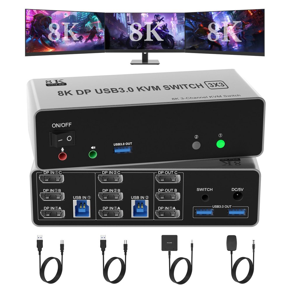 8K@60Hz KVM Switch 3 Monitors 2 Computers 4K@144Hz, DP 1.4 Displayport KVM Switch Triple Monitor for 2 Computer Share 3 Monitor, Audio Mic Port and 3 USB3.0 Devices Support Extended and Copy Mode