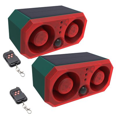 LAFEINA Solar Sound & Strobe Light Alarm Motion Sensor Siren, 13 Sounds & Recording, Dual Speaker 130dB Dog Barking Loud Noise Maker, Security Alert System for Home Farm Barn Villa Orchard (2 Pack)