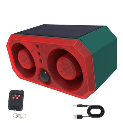 KINGCOO Solar Outdoor Motion Sensor Alarm 2 * 130db Built-in 13 Kinds of Sounds with Remote Control, Support Recording and Adjustable Volume Motion Detector, Suitable for Farms and Orchards (1 pcs)