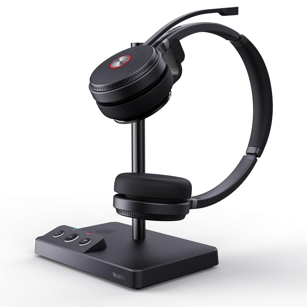 Yealink WH62 Dual UC DECT Wireless Headset, 525 ft Long Range, Work Headphones with Base, 2X Noise Canceling Mic for IP Phone and Computer, Office Headsets Call Control, Ringer,14H Talk Time