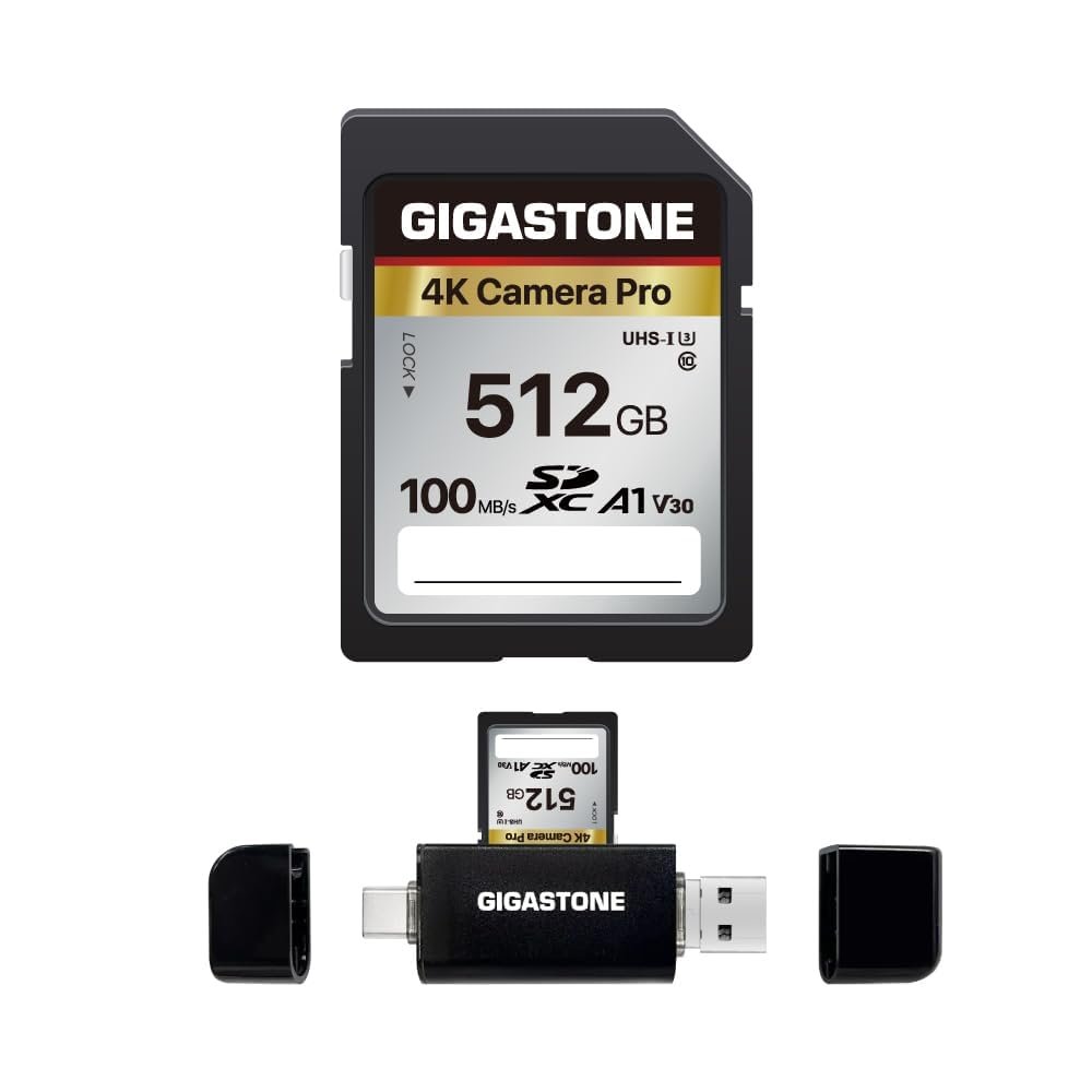 5-Years Data Recovery GIGASTONE 512GB SD Card with USB Type C Card Reader, 4K Camera Pro, A1 V30 U3 SDXC Memory Card Compatible with Canon Digital Camera, with 1 Mini case