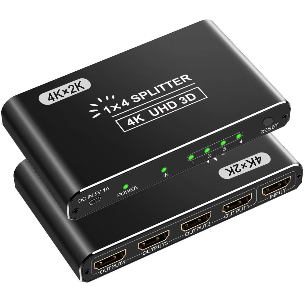 CLOSS HDMI Splitter, 4K HDMI Splitters 1 in 4 Out for Dual Monitors Supports 3D Full HD 1080P Aluminum Compatible for PS4 Fire Stick HDTV(1 Source to 4 Displays) Black