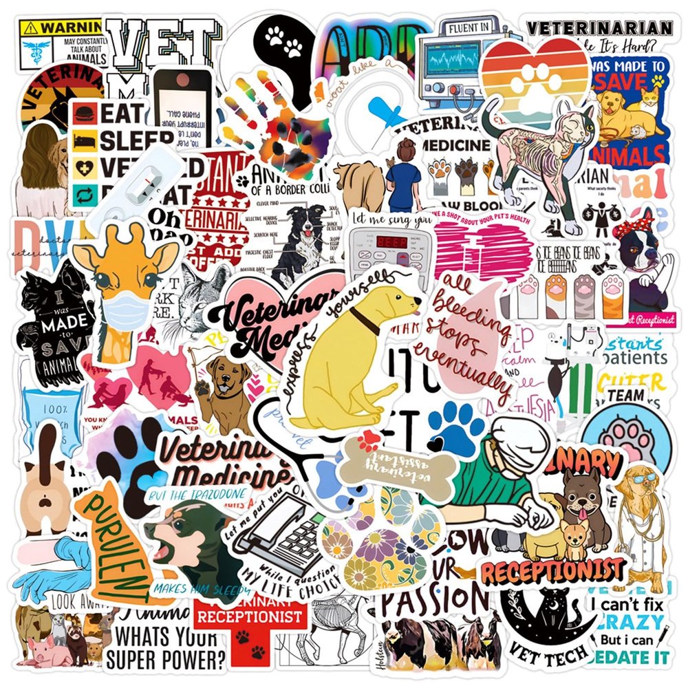 100 Pcs Cute Veterinary Stickers Funny Veterinarians Vinyl PVC Waterproof Stickers and Decals for Water Bottle Skateboard Luggage Laptop Computer Phone, Veterinar Party Favors Gifts