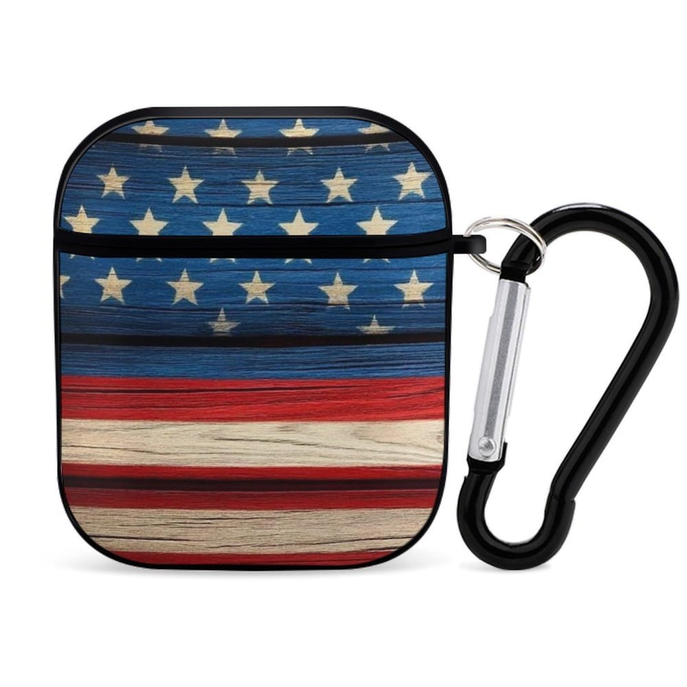 PUYWTIY Portable & Shockproof Protective Case Cover Skin Compatible with AirPods 1/2, Wooden American Flag Anti Slip Hard Cover Supports Wireless Charging, Style(617)