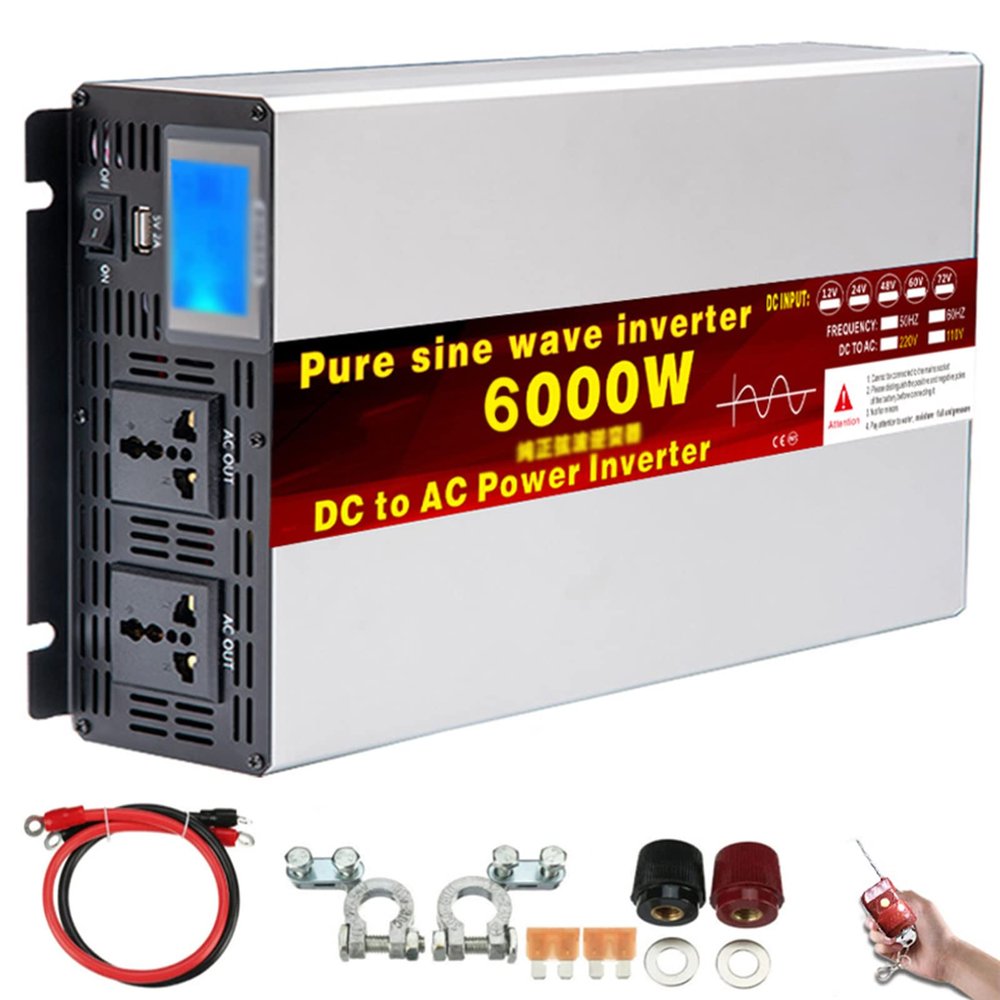 4000W 5000W 6000W 8000W Pure Sine Wave Inverter 12V 24V to110V 220V car Converter with LCD Display,2 AC Outlets and 1 USB Port-Remote Control, for Trucks, Camping, Emergencies, etc (Color : 6000W, S