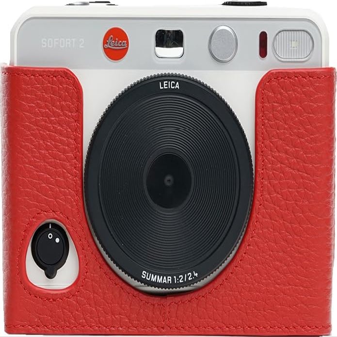 BMAOLLONGB SOFORT 2 Camera Case, Handmade Genuine Real Leather Half Camera Case Bag Cover for Leica SOFORT 2 Camera Bottom Opening Version + Hand Strap (Red)