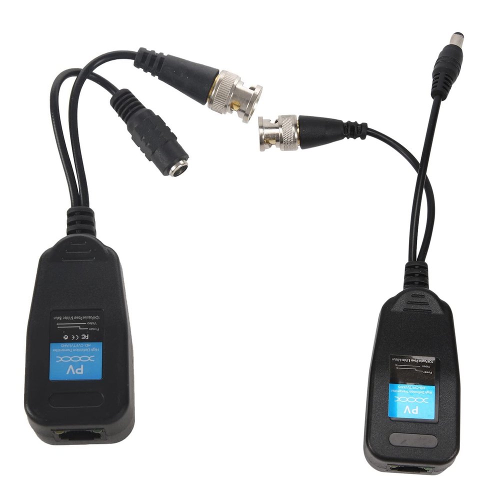 Pasuihcay HD-CVI/TVI/AHD Passive Video Balun with Power Connector and RJ45 CAT5 Data Transmitter 1 Pair, Black