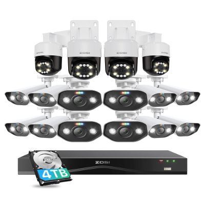 ZOSI 4K 8MP 16CH PoE Security Camera System with AI Human Face Vehicle Detect, 4K 16 Port 32CH H.265+ PoE NVR with 4TB, 16 X 8MP 4K Bullet Dome PoE IP Cameras, 2-Way Audio, 5X Digital Zoom