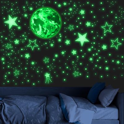 965 PCS Glow in The Dark Stars and Earth for Ceiling, Luminous Stars and Planet Wall Decals, Kids Room Decor, Glowing Galaxy Wall Stickers for Nursery Decorations (Green)