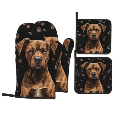 CSGJMYGS Oven Mitts and Pot Holders Set of 4 Heat Resistant Oven Glove and Hot Pads Brown Dog Kitchen Oven Mittens Non-Slip Potholder for Cooking Baking Grilling