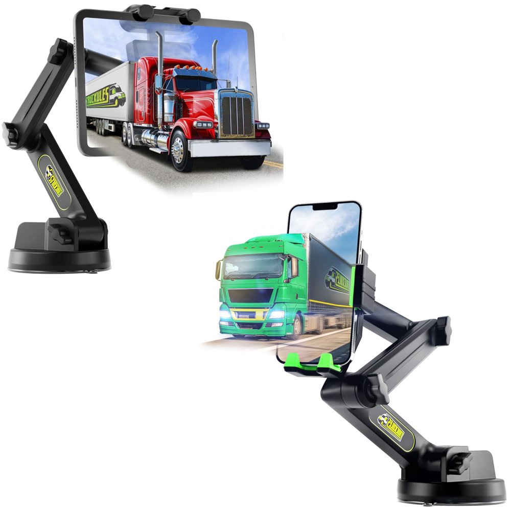 Big Rig Truck Tablet Mount & Green Commercial Truck Phone Mount, Heavy Duty Tablet & iPad Holder, Cell Phone Device Holder for Dashboard, Windshield and Window, Super Stable Suction Cup (1 TM & 1 PM)