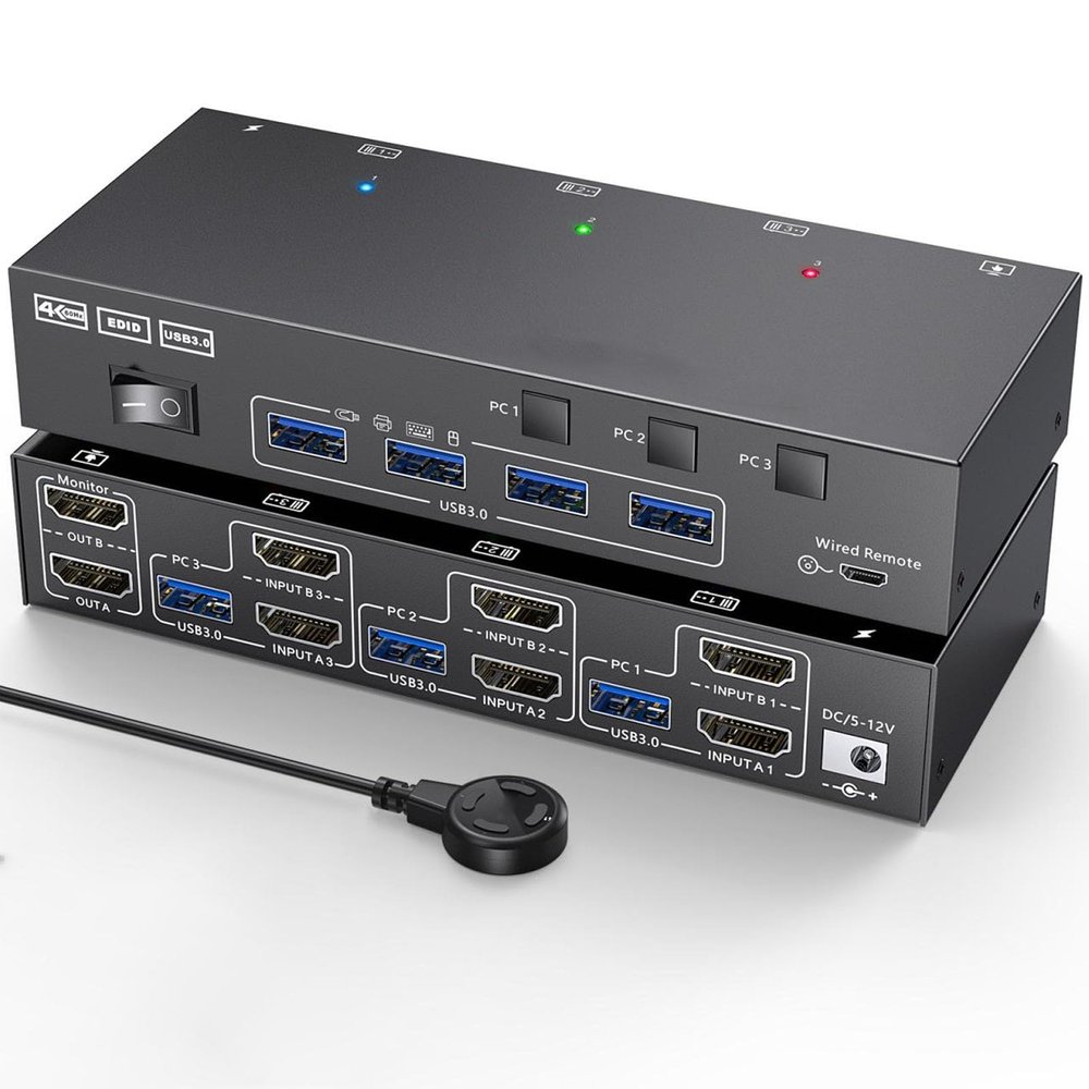 KVM Switch 2 Monitors 3 Computers, Share 4 USB Ports, USB3.0 KVM Switch for Keyboard Mouse Printer Support 4K@60HZ, Dual Monitor Kvm Switcher Support Extended & Duplicate
