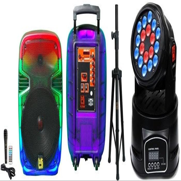 MR DJ USA PL15FLAME 15" Portable Translucent Bluetooth Speaker + Speaker Stand + 18-LED Moving Head DJ Light