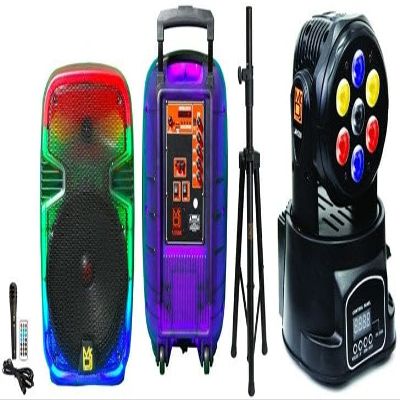 MR DJ PL15FLAME 15" Portable Translucent Bluetooth Speaker + Speaker Stand + 18-LED Moving Head DJ Light
