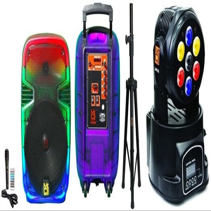 MR DJ PL15FLAME 15" Portable Translucent Bluetooth Speaker + Speaker Stand + 18-LED Moving Head DJ Light