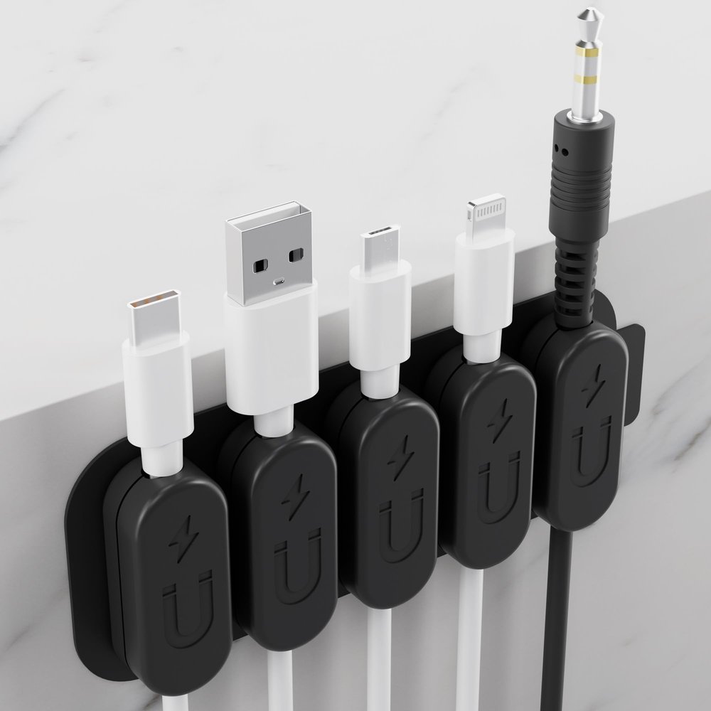 CHARGEWORX Pack of 5 Magnetic Cable Clips, Adhesive Cord Organizer for Desk, Nightstand, Wall or Car, Wire Holder for USB-C, Lightning and Micro-USB Cables, Black