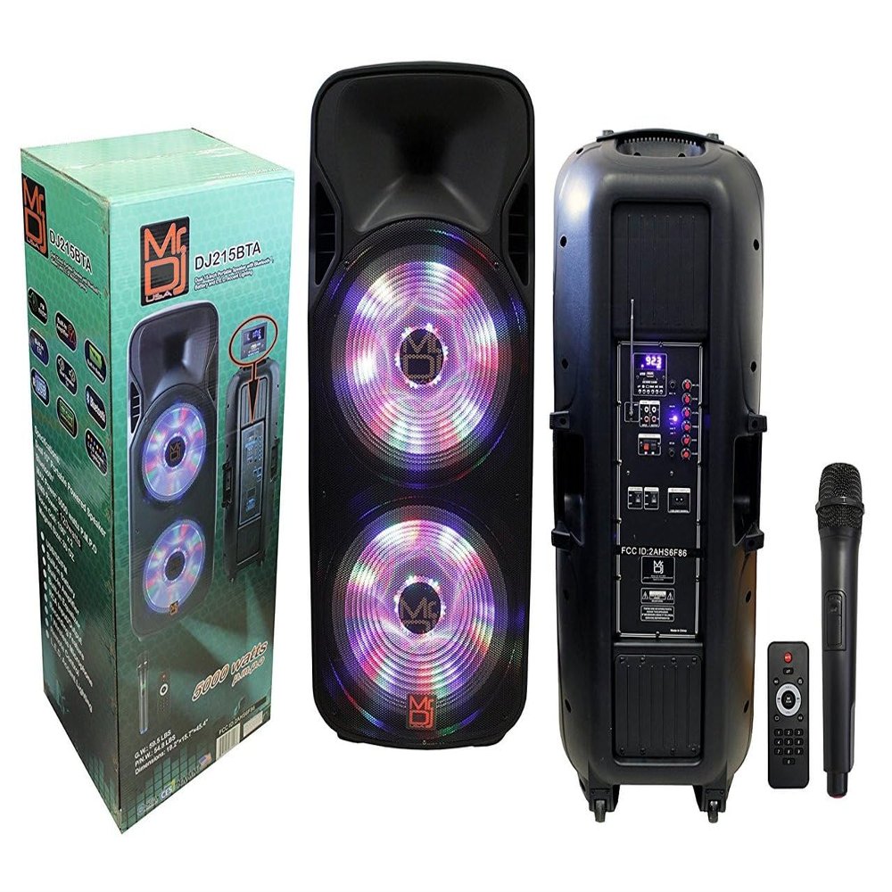 MR DJ DJ215BTA Dual 15" 5000W Power Speaker with Built-In Bluetooth & Battery, 1" LCD/MP3/USB/SD Slot