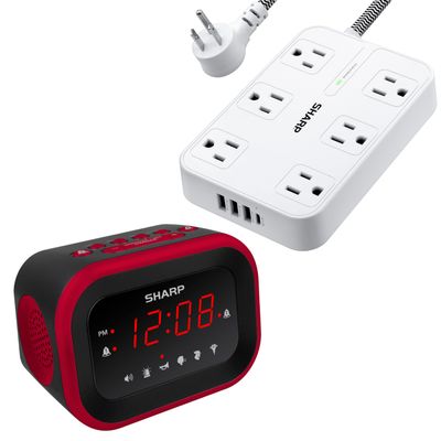 Sharp Big Bang Alarm Clock Surge USB Power Strip with Widely Spaced Outlets