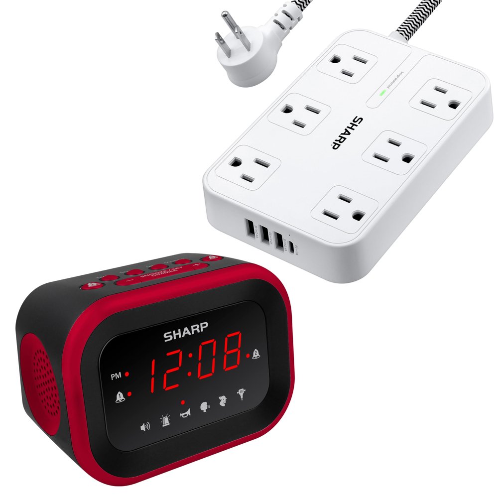 Sharp Big Bang Alarm Clock Surge USB Power Strip with Widely Spaced Outlets