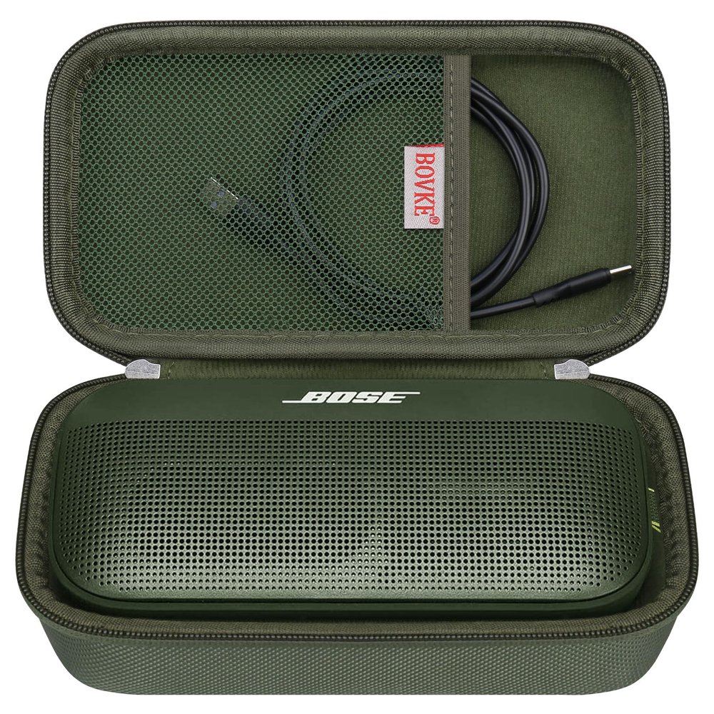BOVKE Hard Travel Speaker Case for Bose New SoundLink Flex Speaker (2nd Gen) / Bose SoundLink Flex Bluetooth Portable Speaker, Mesh Pocket for Charger, Charging Cables, Accessories, Cypress Green