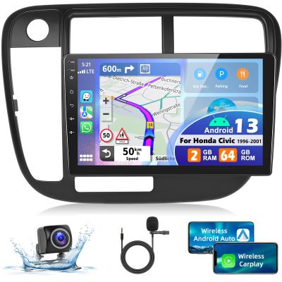 podofo 2G+64G Car Stereo for Honda Civic 1996-2001 with Wireless Apple Carplay & Android Auto, 9 Inch Touchscreen Car Radio with Bluetooth/GPS/WiFi/SWC/FM&RDS Radio + AHD Backup Camera + MIC