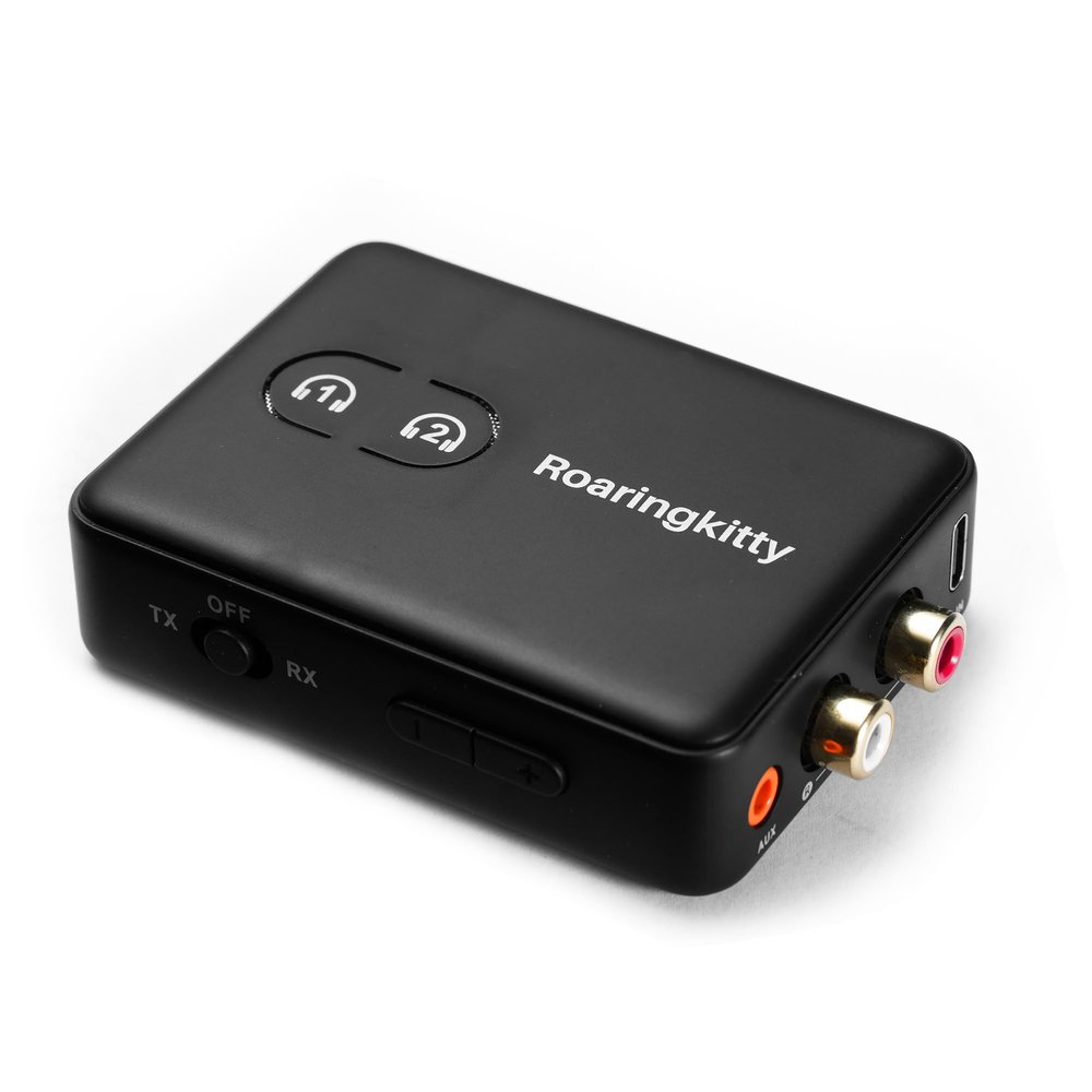 DirectNine Basics Roaringkitty Bluetooth Transmitter Receiver, Bluetooth Adapter for TV, Wireless Audio Transmitter for TV PC MP3 Gym, aptX Low Latency, Pairs 2 Devices Simultaneously