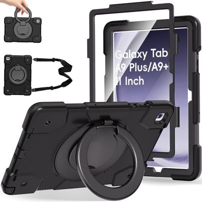 Andnary Case for Samsung Galaxy Tab A9+/A9 Plus Case 11 Inch with Screen Protector/360 Rotating Stand/Pen Holder/Shoulder Strap, Shockproof Cover for Tablet A9+ 5g (Black)