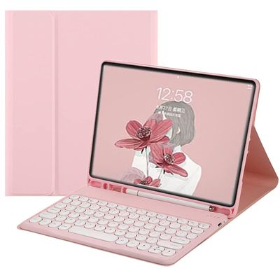 AnMengXinLing Galaxy Tab A11/A9 (8.7 Inch) Keyboard Case with S Pen Holder, Slim Round Key Cute Candy Magnetically Detachable Wireless Bluetooth Keyboard Cover, Pink